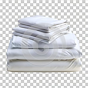Stack of folded white bed linens on a transparent background sheets