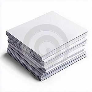 A stack of white printer paper sitting on a white surface in a studio