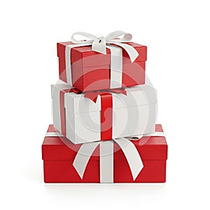 Stack of Three Gift Boxes Red and White with White Ribbons on a White Background