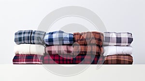 a neat stack of various folded plaid shirts in different colors and patterns