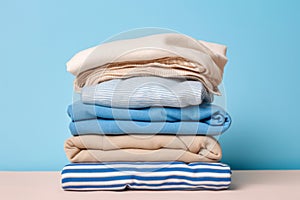 neat stack of white and blue shirts, along with other garments, hanging on table. Image exudes sense of order and style