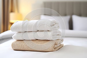 Neat stack of white towels on bed in bedroom with ample space for text, wide angle shot