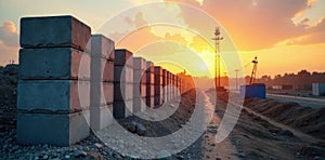 Neat stacks of concrete blocks await sunrise on a busy construction site , architecture, stack, morning photo