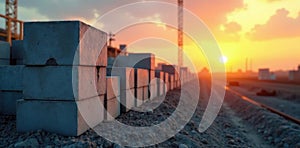Neat stacks of concrete blocks await sunrise on a busy construction site , development, prepared photo