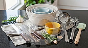 Essential Kitchen Tools and Fresh Ingredients on Countertop