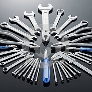 A neatly arranged collection of tools on a reflective surface. The setup includes