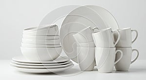 A neatly arranged collection of white ceramic dishware is displayed against a neutral