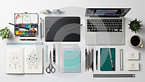 Colored pencils watercolor paints brushes and sketchpads with illustrat