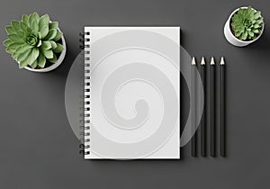 A neatly arranged desk setup features a spiral-bound notebook