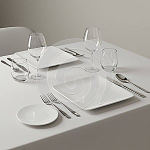 A neatly arranged dining setup with a white tablecloth featuring two settings.