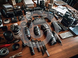 Business tools on table with camera settings