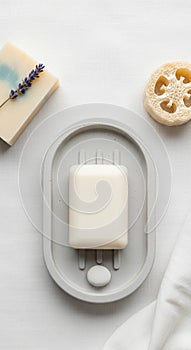 A neatly arranged flat lay featuring bathroom essentials. A white rectangular soap