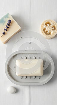 Neatly arranged flat lay featuring bathroom essentials. A white rectangular soap rests