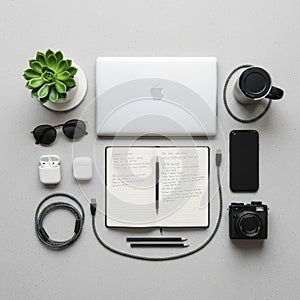 With a visible apple logo an open notebook with handwritten text and a