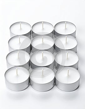 Neatly Arranged Group of White Tea Light Candles on White Surface