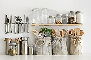 Neatly arranged kitchen shelf with utensils, jars, and spices