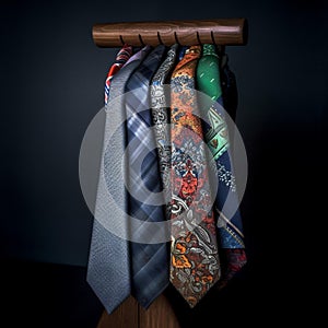 Neatly Arranged Neckties on Wooden Hanger with Suit Jacket and Shirt