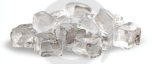 A neatly arranged pile of clear ice cubes on a clean white background