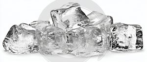 A neatly arranged pile of clear ice cubes on a clean white background