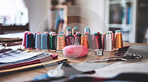 A Neatly Arranged Sewing Kit with Threads and Fabrics