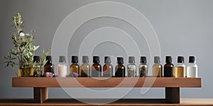 Neatly arranged shelf of essential oils and herbs, illustrating the art of natural remedies, concept of Organic living