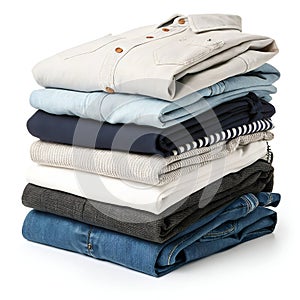 Stack of Neatly Folded Clothes Isolated on White photo