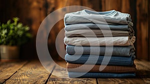 Stack of Folded T-Shirts on Wooden Surface