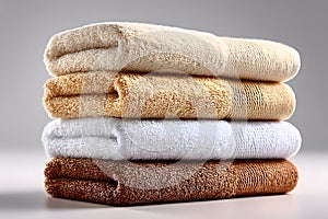 A neatly arranged stack of folded towels placed against an isolated white background
