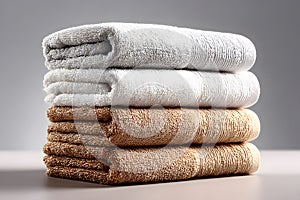 A neatly arranged stack of folded towels placed against an isolated white background