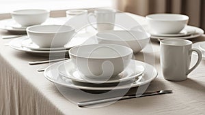 A neatly arranged table set with white ceramic dinnerware, including bowls, plates, and mugs.