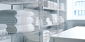 The neatly arranged white towels in a modern storage space. AI generated image