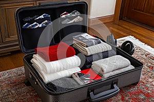 Neatly folded clothing and accessories in an open suitcase on