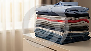 A neatly folded stack of clothes on a light colored wooden surface