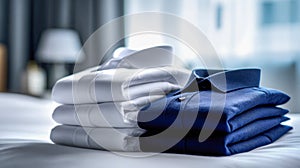 Neatly folded stacks of white and navy blue shirts placed side by side on a bed in a softly lit modern bedroom setting with
