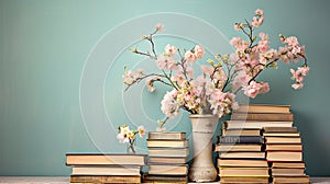 Neatly Ordered Hardcover Books on Shelves with cherry blosson in vase