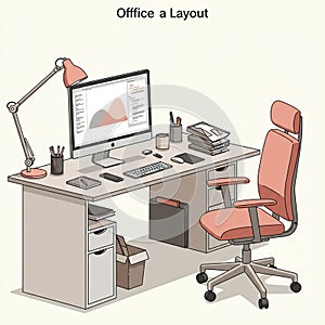 A neatly organized office desk setup features a computer monitor displaying a graph.