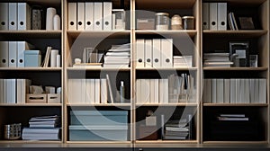 Neatly organized office folders on shelves, a symbol of efficiency