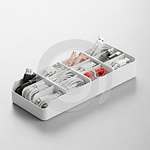 The box is white rectangular and placed on a smooth light gray