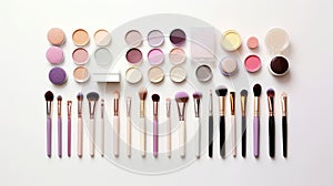 a neatly organized selection of makeup products and brushes on a white background