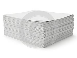 Stack of white printer paper on white background isolated on white background