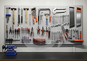 A neatly organized tool wall in a workshop. Tools including hammers, screwdrivers, pliers, wrenches,
