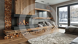 modern rustic decor, neatly stacked firewood by the sleek fireplace blends rustic charm with modernity in the living photo