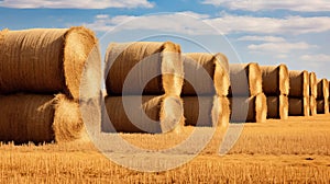 Neatly stacked hay bales arranged in organized rows