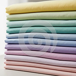 Neatly stacked pastel-colored fabric sheets. Each