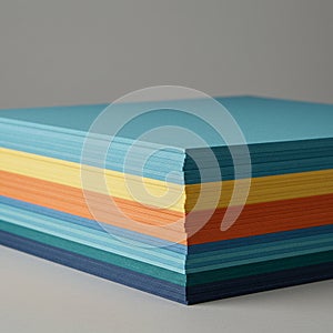 A neatly stacked pile of colored paper sheets is arranged in a gradient pattern,