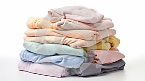 a neatly stacked pile of folded clothes in various pastel colors