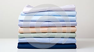 a neatly stacked pile of folded shirts in shades of blue and beige against a white background