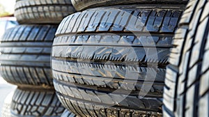 Neatly stacked row of new car tires, Ai Generated photo