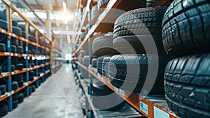 Neatly stacked row of new car tires, Ai Generated photo