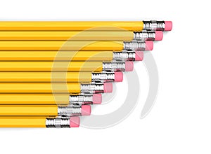 Neatly stacked row of yellow pencils, eraser end - top down view